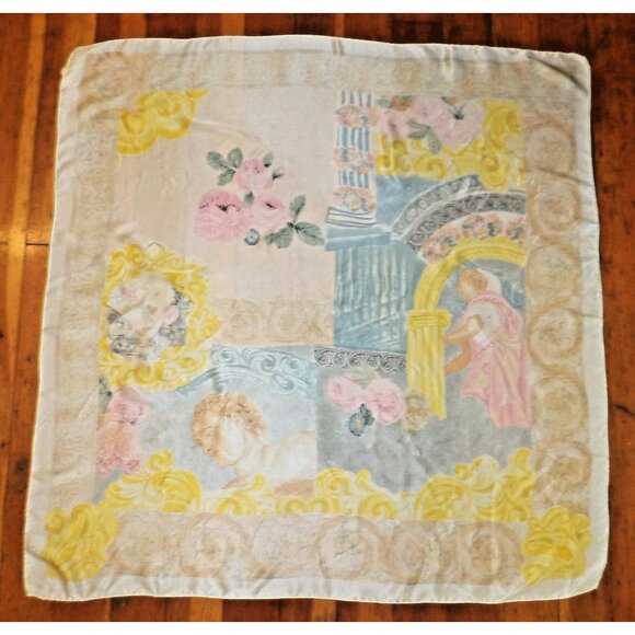 Vtg ESCADA Heavy Satin SILK SCARF Grecian Roman Roses 35"x35" HandRolled Italy - Picture 1 of 5